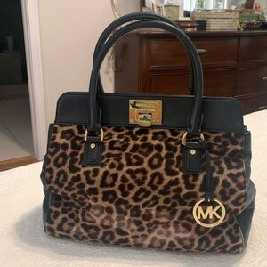 Michael Kors Leopard Calf Hair Tote Bag with Black Leather & Gold Accents